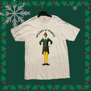 🎄Elf Smiling’s My Favorite White Tshirt With Buddy On Front Size L EUC
